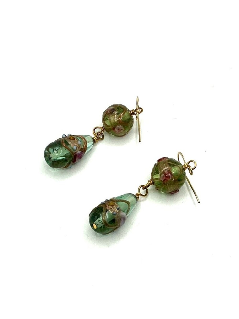 Glass Bead Drop Earrings With Floral Accents Gold-Tone Hooks  Green and Gold